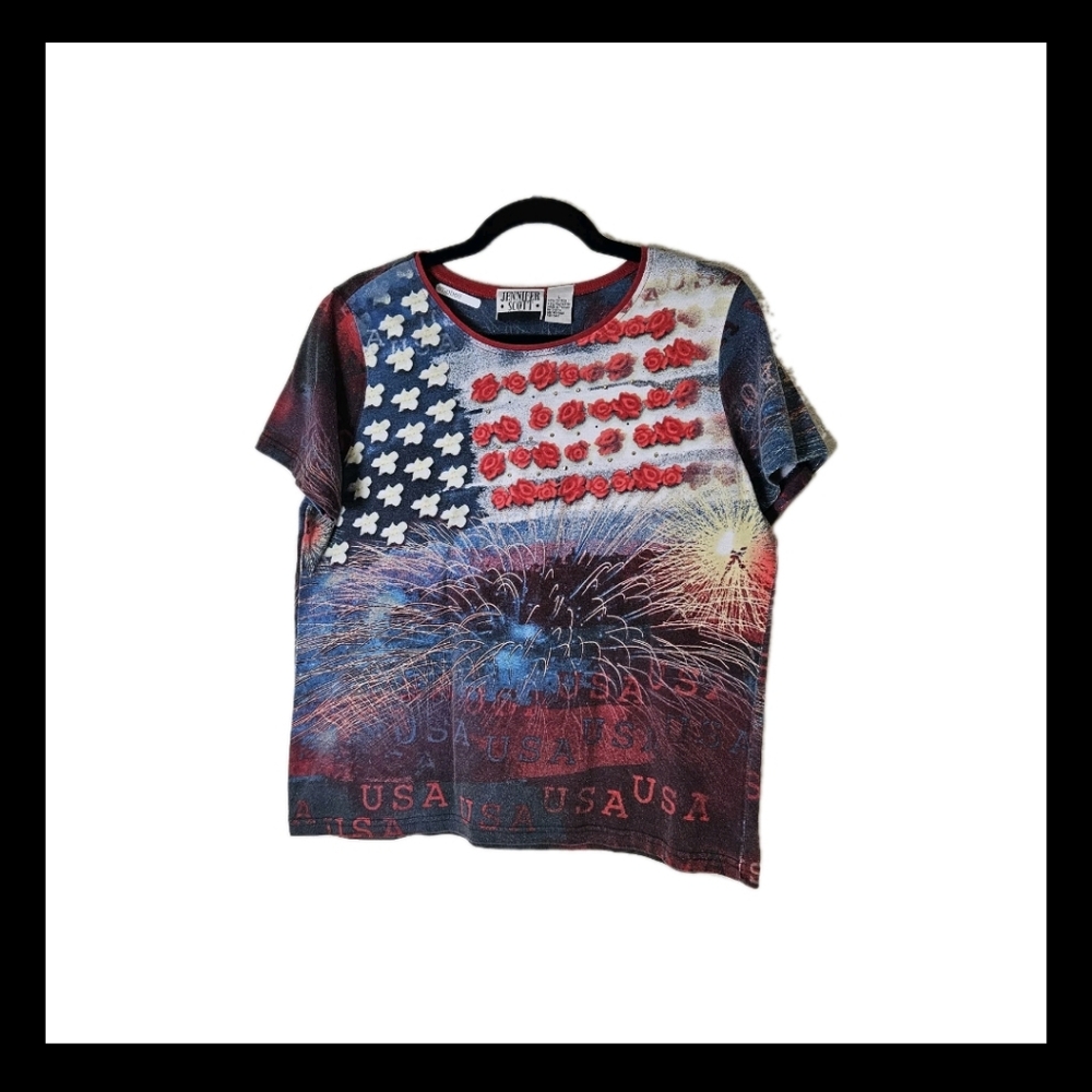 4th Of July American Flag Patriotic Womens  T-Shirt Red Wht Blue Short Sleeve L